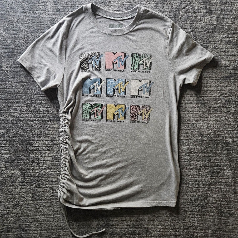 MTV Shirt Womens Large Gray Short Sleeve Casual Logo Tie